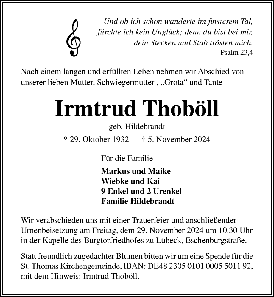  Traueranzeige für Irmtrud Thoböll vom 24.11.2024 aus Lübecker Nachrichten