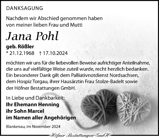 Traueranzeige von Jana Pohl von Torgauer Zeitung