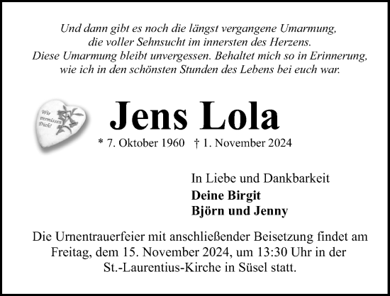 Traueranzeige von Jens Lola von Lübecker Nachrichten