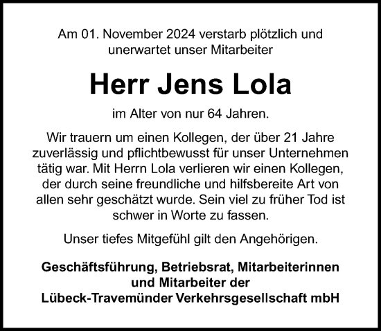 Traueranzeige von Jens Lola von Lübecker Nachrichten