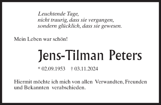 Traueranzeige von Jens-Tilman Peters von Wochenspiegel