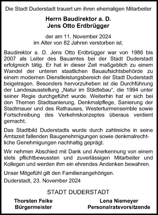 Traueranzeige von Jens Otto Erdbrügger von Eichsfelder Tageblatt