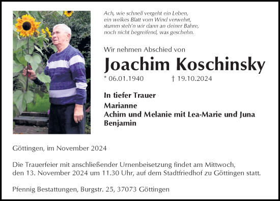 Traueranzeige von Joachim Koschinsky von Göttinger Tageblatt