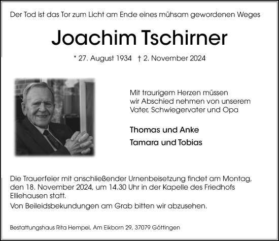 Traueranzeige von Joachim Tschirner von Göttinger Tageblatt