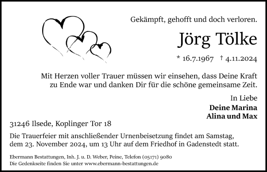 Traueranzeige von Jörg Tölke von Peiner Allgemeine Zeitung