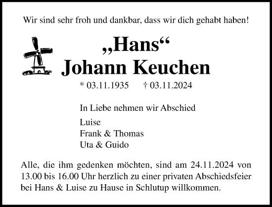 Traueranzeige von Johann Keuchen von Lübecker Nachrichten