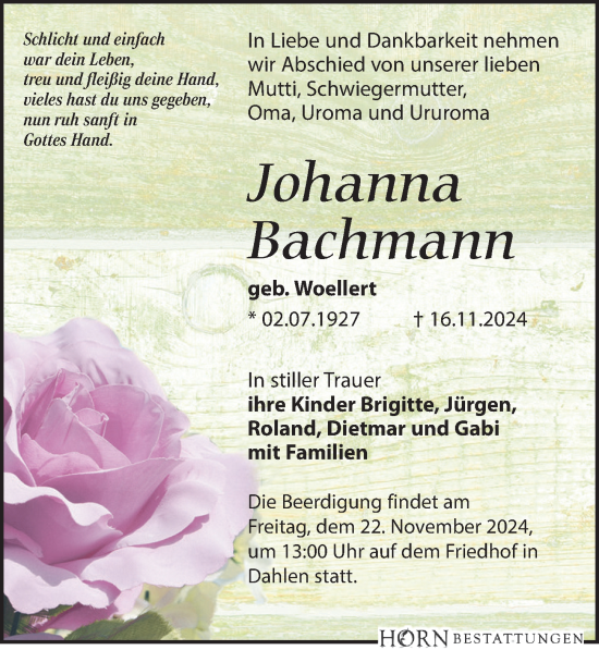 Traueranzeige von Johanna Bachmann von Leipziger Volkszeitung