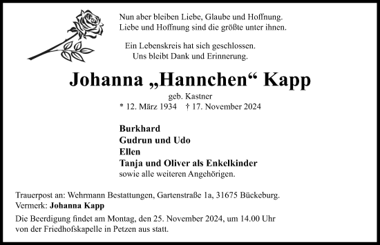 Traueranzeige von Johanna Kapp von Schaumburger Nachrichten