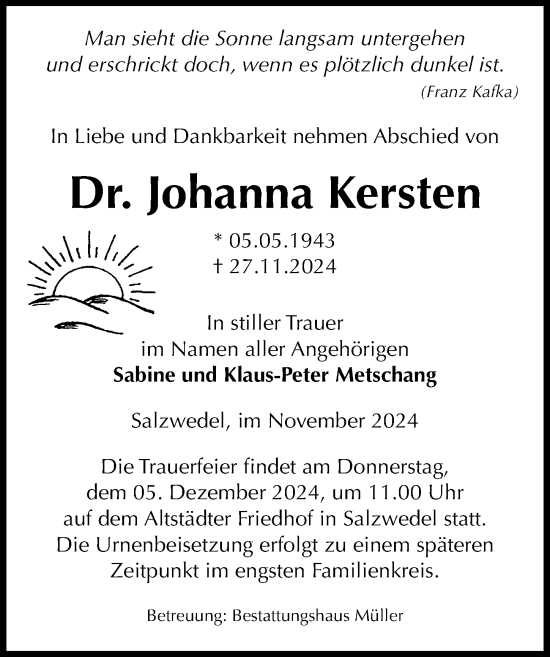 Traueranzeige von Johanna Kersten von Märkischen Allgemeine Zeitung