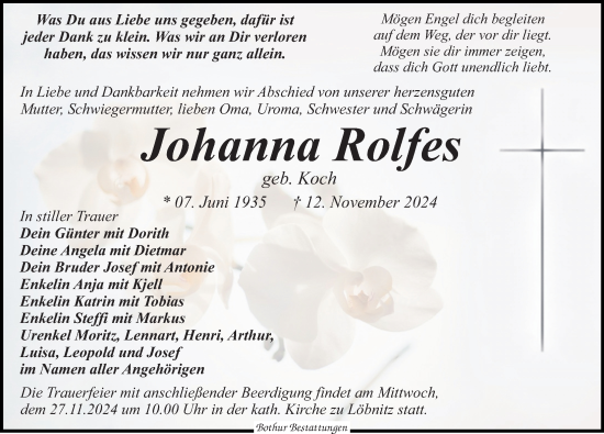 Traueranzeige von Johanna Rolfes von Leipziger Volkszeitung