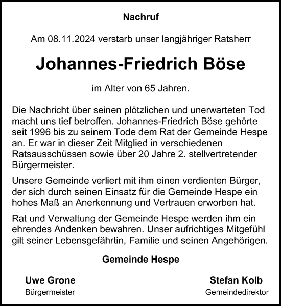 Traueranzeige von Johannes-Friedrich Böse von Schaumburger Nachrichten