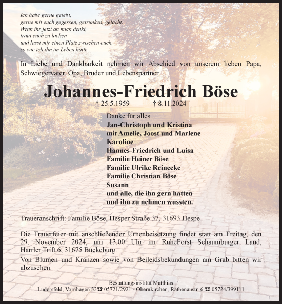 Traueranzeige von Johannes-Friedrich Böse von Schaumburger Nachrichten