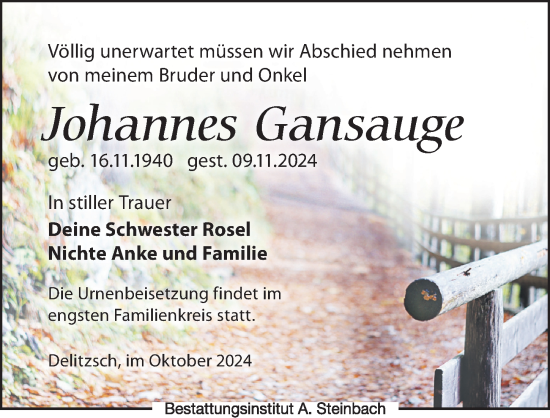 Traueranzeige von Johannes Gansauge von Leipziger Volkszeitung