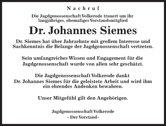 Traueranzeige von Johannes Siemes von Göttinger Tageblatt