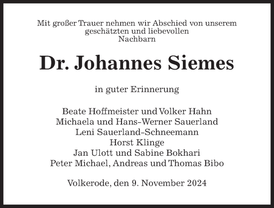 Traueranzeige von Johannes Siemes von Göttinger Tageblatt