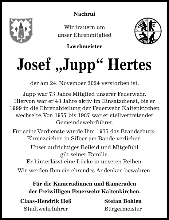 Traueranzeige von Josef Hertes von Kieler Nachrichten