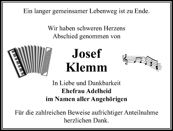 Traueranzeige von Josef Klemm von Torgauer Zeitung