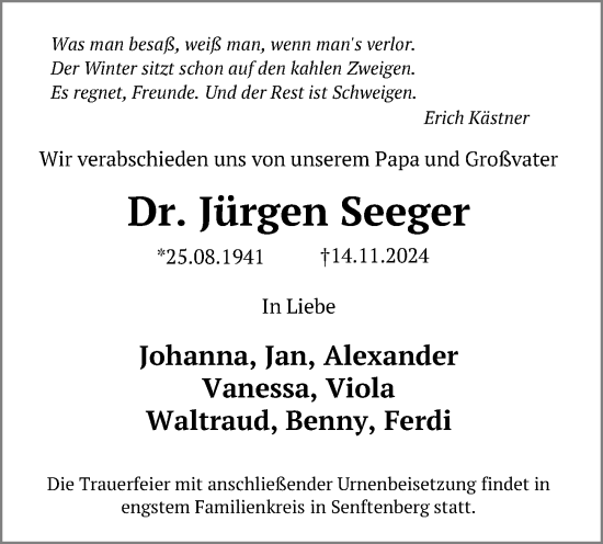 Traueranzeige von Jürgen Seeger von Märkischen Allgemeine Zeitung