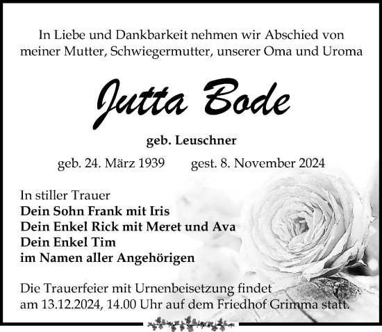 Traueranzeige von Jutta Bode von Leipziger Volkszeitung