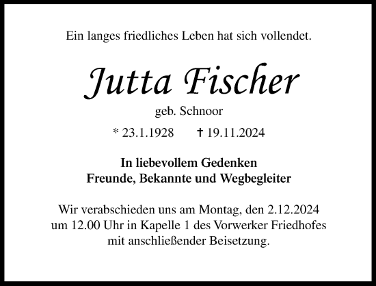 Traueranzeige von Jutta Fischer von Lübecker Nachrichten