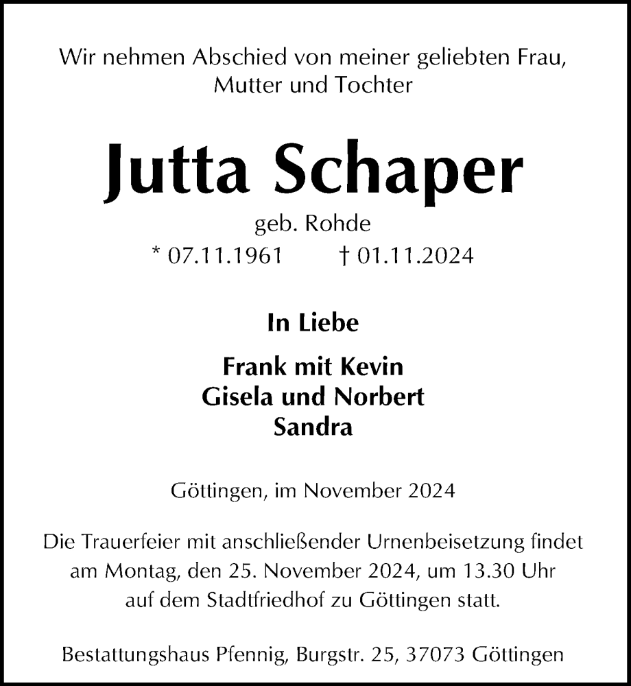  Traueranzeige für Jutta Schaper vom 16.11.2024 aus Göttinger Tageblatt