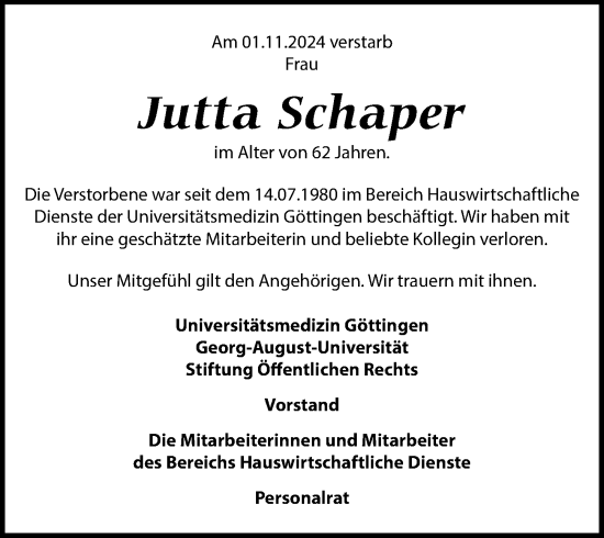 Traueranzeige von Jutta Schaper von Göttinger Tageblatt