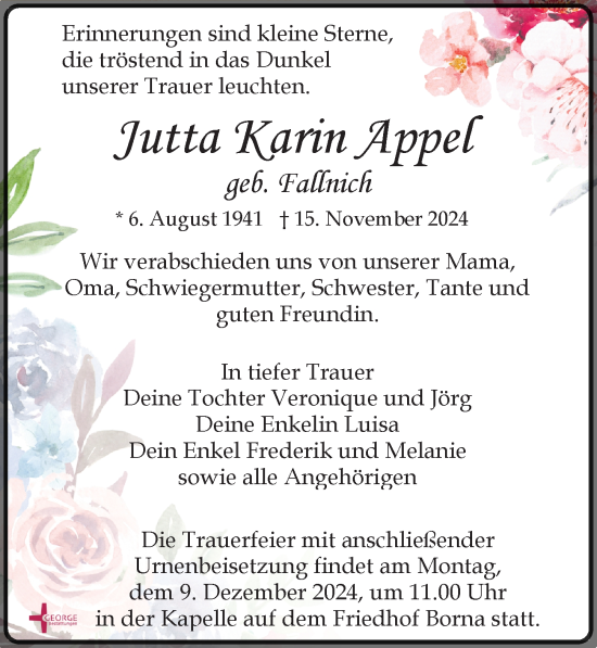 Traueranzeige von Jutta Karin Appel von Leipziger Volkszeitung