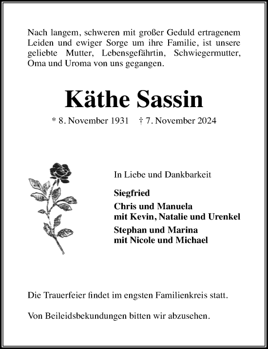 Traueranzeige von Käthe Sassin von Lübecker Nachrichten