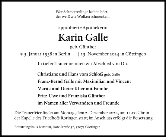 Traueranzeige von Karin Galle von Göttinger Tageblatt