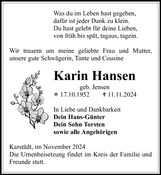 Traueranzeige von Karin Hansen von Wochenspiegel