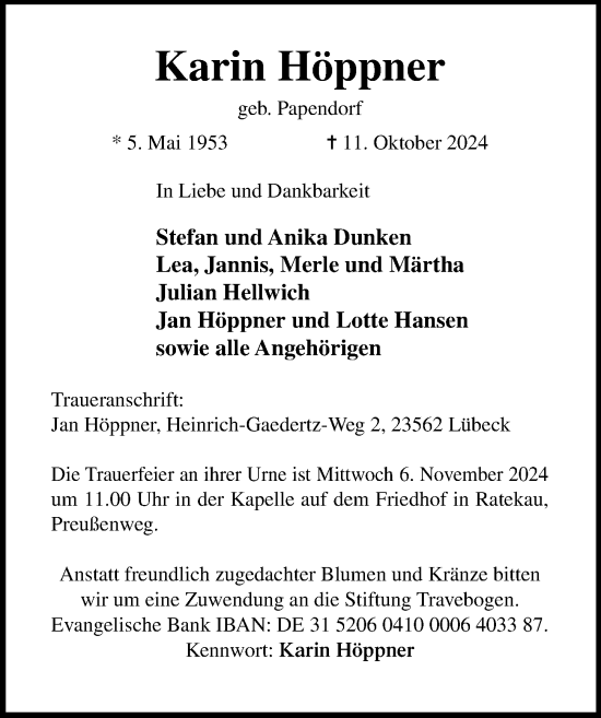 Traueranzeige von Karin Höppner von Lübecker Nachrichten