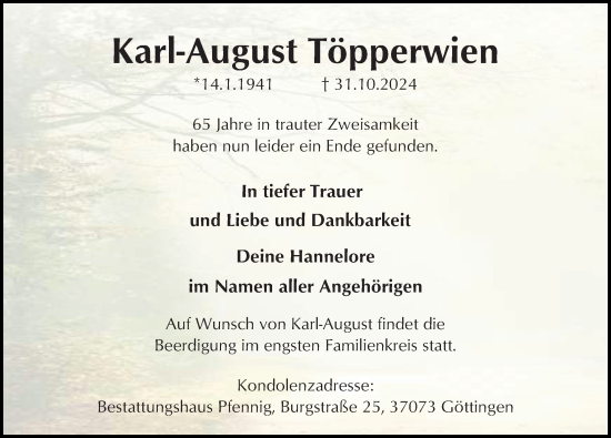 Traueranzeige von Karl-August Töpperwien von Göttinger Tageblatt