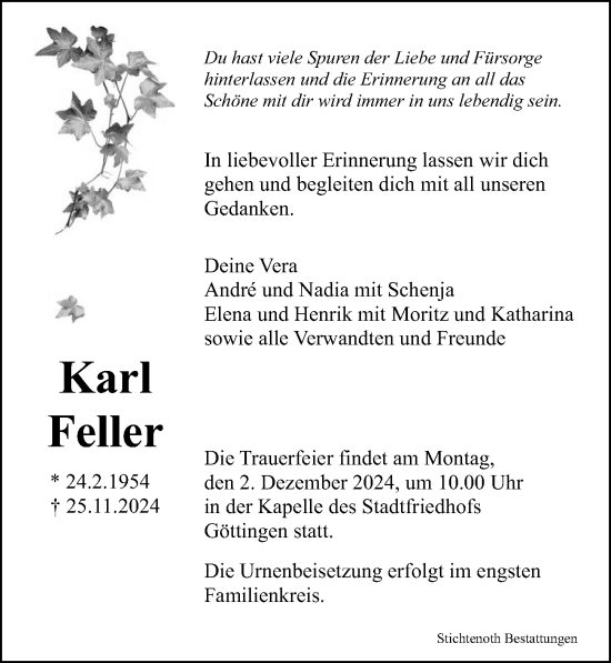 Traueranzeige von Karl Feller von Göttinger Tageblatt