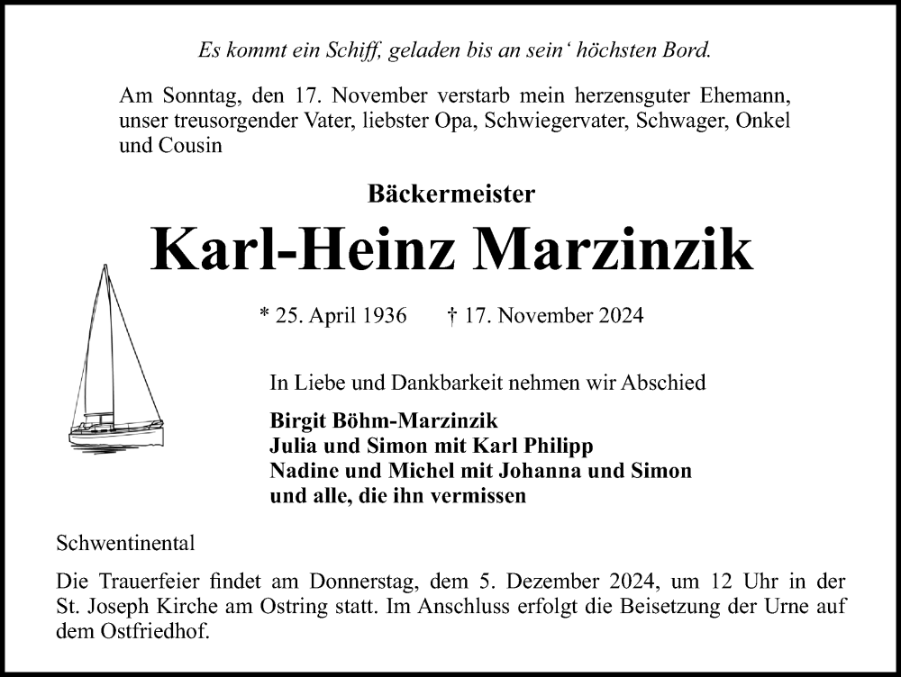  Traueranzeige für Karl-Heinz Marzinzik vom 30.11.2024 aus Kieler Nachrichten