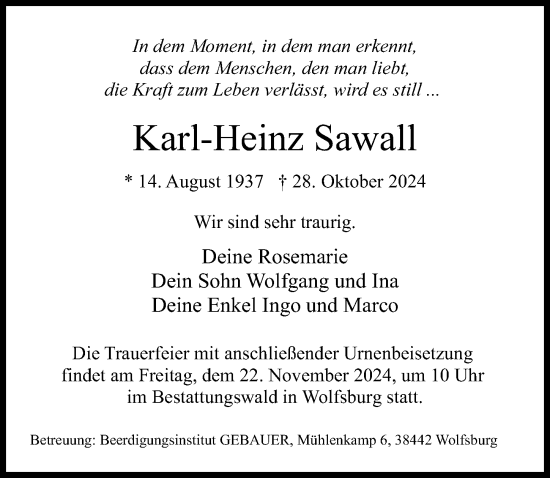 Traueranzeige von Karl-Heinz Sawall von Aller Zeitung