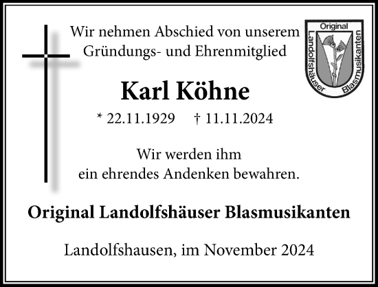 Traueranzeige von Karl Köhne von Göttinger Tageblatt