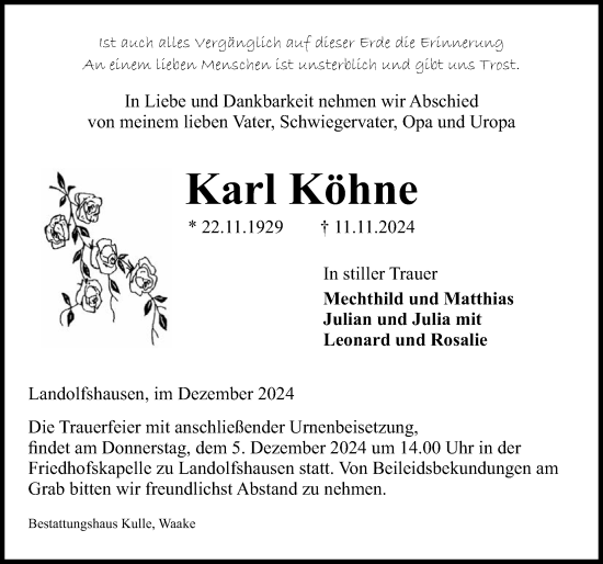 Traueranzeige von Karl Köhne von Göttinger Tageblatt