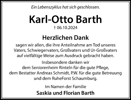 Traueranzeige von Karl-Otto Barth von Schaumburger Nachrichten und Schaumburger Zeitung/ Landes-Zeitung