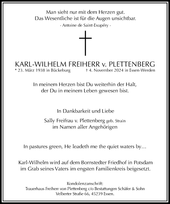 Traueranzeige von Karl-Wilhelm Freiherr v. Plettenberg von Schaumburger Nachrichten