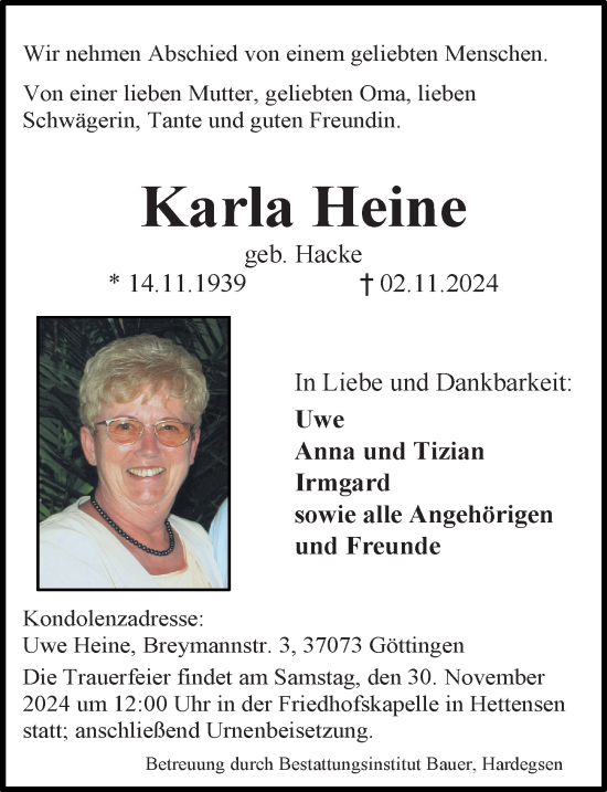 Traueranzeige von Karla Heine von Göttinger Tageblatt