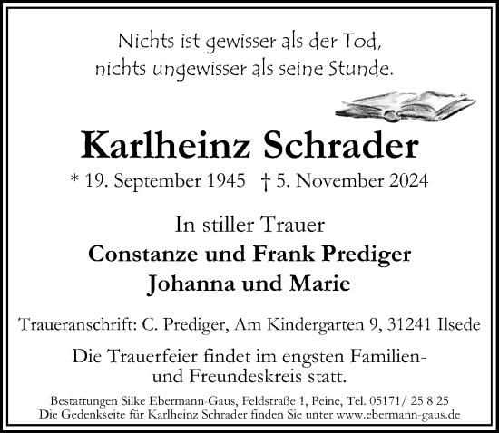 Traueranzeige von Karlheinz Schrader von Peiner Allgemeine Zeitung