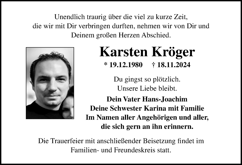  Traueranzeige für Karsten Kröger vom 30.11.2024 aus Ostsee-Zeitung GmbH