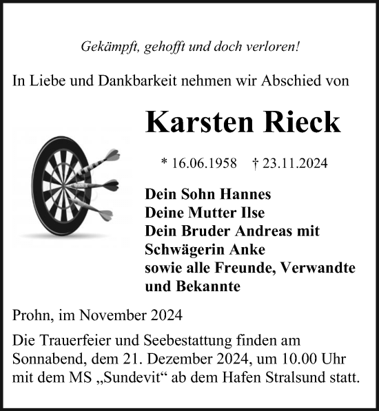 Traueranzeige von Karsten Rieck von Ostsee-Zeitung GmbH