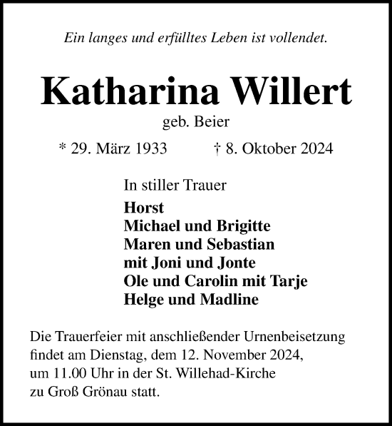 Traueranzeige von Katharina Willert von Lübecker Nachrichten