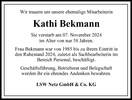 Traueranzeige von Kathi Bekmann von Aller Zeitung