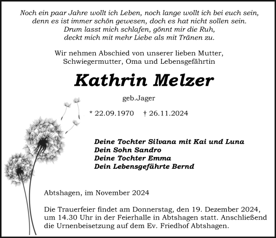 Traueranzeige von Kathrin Melzer von Ostsee-Zeitung GmbH