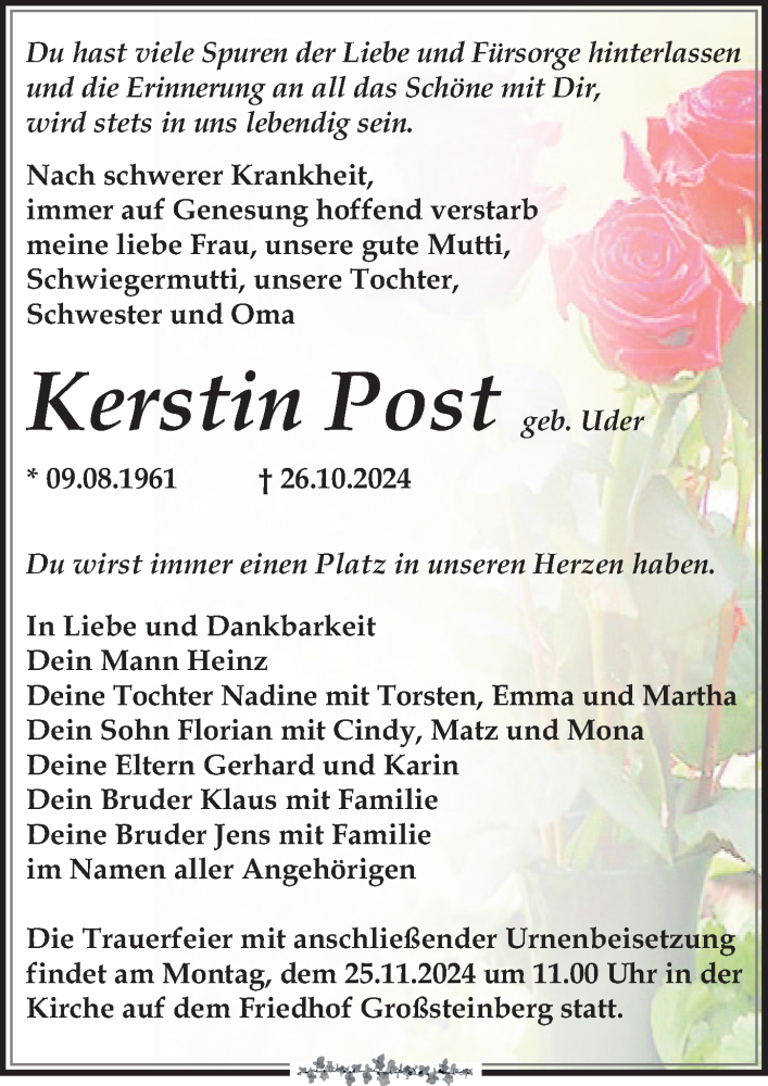  Traueranzeige für Kerstin Post vom 09.11.2024 aus Leipziger Volkszeitung