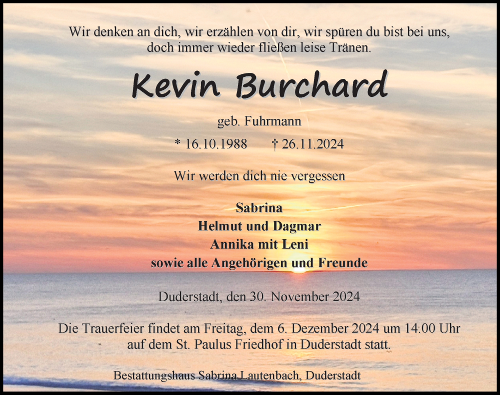  Traueranzeige für Kevin Burchard vom 30.11.2024 aus Göttinger Tageblatt