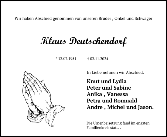 Traueranzeige von Klaus Deutschendorf von Aller Zeitung