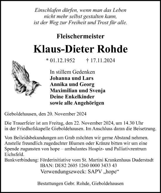 Traueranzeige von Klaus-Dieter Rohde von Eichsfelder Tageblatt